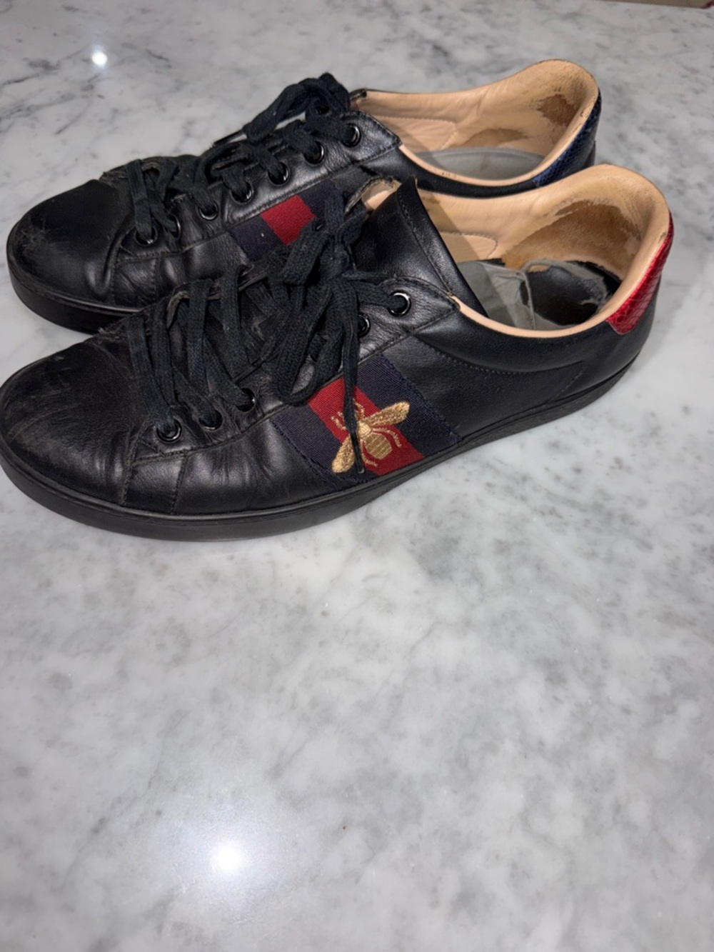 Gucci Black Leather Web Stripe Bee Sneakers with Red Heel